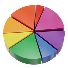 Obraz premium Colorful pie chart divided into eight segments isolated on transparent background