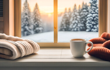 Cozy Winter Morning with Hot Tea and Blanket by the Window