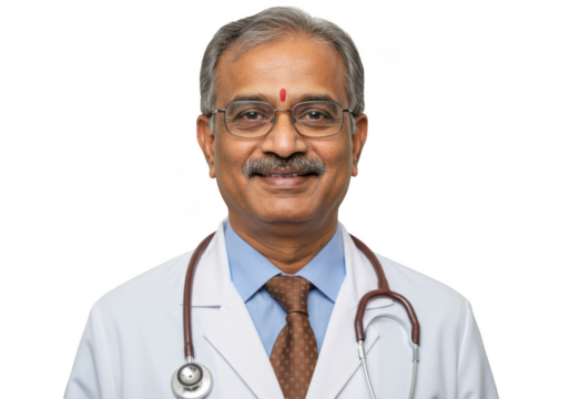 Smiling indian male doctor wearing glasses and stethoscope isolated on transparent background