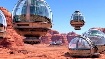 Futuristic Martian Colony: Glass Domes on Red Planet Landscape, Sci-Fi Exploration - Powered by Adobe