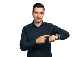 Man in dark shirt pointing at his wristwatch indicating time management and punctuality isolated on transparent background