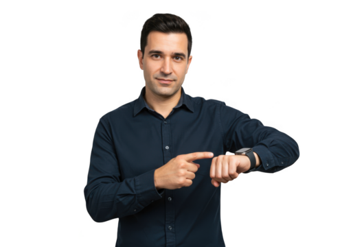 Man in dark shirt pointing at his wristwatch indicating time management and punctuality isolated on transparent background