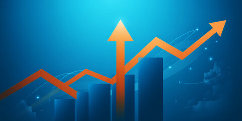 Fototapeta premium Orange arrow pointing upwards over blue bars on a blue background with small stars