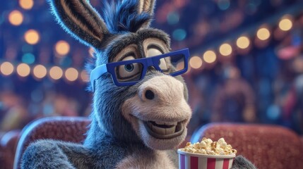 A cartoon donkey wears stylish glasses while happily sitting in a theater, holding a bucket of popcorn, immersed in the excitement of a film screening with colorful lights in the background.