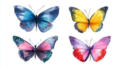 A vibrant collection of four colorful butterfly specimens with detailed wing patterns, presented in a painterly watercolor style, showcases the delicate beauty of nature.