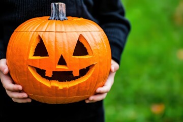 Smiling Halloween Pumpkin Held by Child on a Green Grass Background during Fall Season