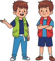 PrintTwo Cartoon Boys Standing Together in Colorful Outfits, Smiling and Talking, Vector Illustration for Education, School, or Kids Design