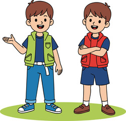 PrintTwo Cartoon Boys Standing on Grass Wearing Colorful Vests, Smiling and Talking, Flat Style Vector for Education and Design