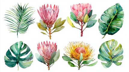 Fototapeta premium A watercolor painting of botanical elements, featuring exquisite protea blooms, lush tropical leaves, a beautiful nature arrangement, with rich tones. 