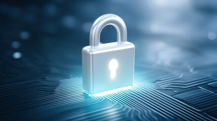 Fototapeta premium Modern Digital Lock with Bright Glow on Circuit Board Background, Symbolizing Security and Protection