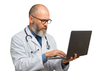 Experienced bearded doctor wearing glasses and stethoscope working on a laptop isolated on transparent background