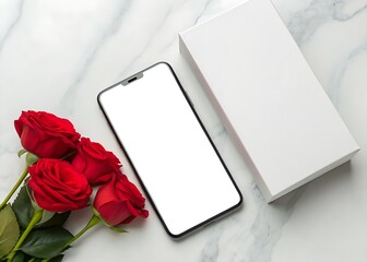 Top view of a smartphone with blank screen, a white box, and red roses on a marble background, creating a romantic and elegant scene perfect for valentines day or any special occasion