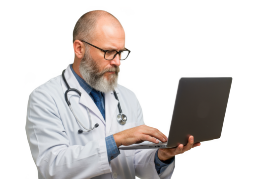 Experienced bearded doctor wearing glasses and stethoscope working on a laptop isolated on transparent background