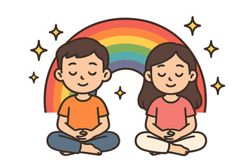 A smiling black child meditates in a flat design style, sitting cross-legged with eyes closed in a full-length illustration