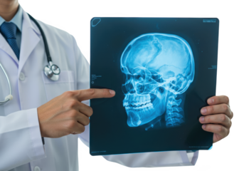 Doctor points to a glowing blue human skull x ray image isolated on transparent background