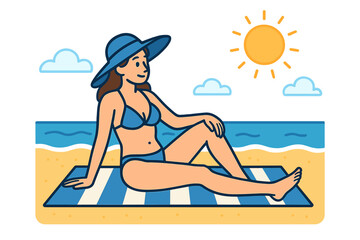 A woman sits calmly on the beach, wearing a blue hat and swimsuit, lost in meditation