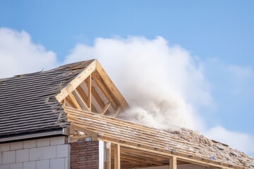 Dust Cloud Emerges from Roof During Home Renovation and Demolition with Bright Blue Sky