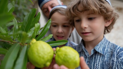 Fototapeta premium religious education, a rabbi or parent teaches children the meaning of the four species during sukkot, capturing curious faces and hands exploring the etrog