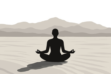 A peaceful digital illustration of a solitary yogi in a serene desert setting, isolated on a clear background, created in striking black and white