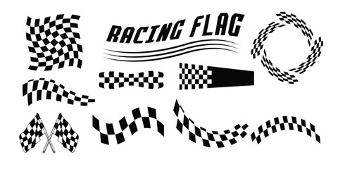 Obraz premium Racing stripes and checkered flags vector set. Dynamic black shapes for speed, automotive graphics, car decals, motorsport branding, and motion design themes. Vector