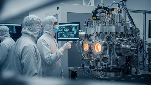 Technicians exploring the operation of galliumnitride MOCVD reactors in a semiconductor plant focused on advanced power device manufacturing.
