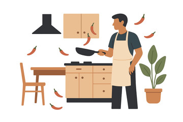 A man is at home cooking lunch, preparing dinner from vegetables, including paprika and parsley, using a pan in the kitchen on Father's Day