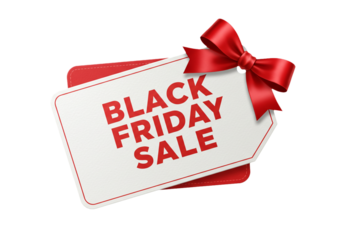Black Friday sale tag with a red ribbon isolated on transparent background