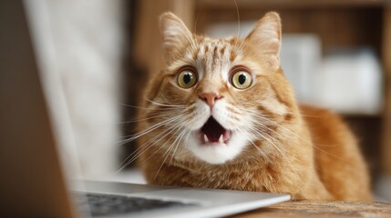A curious orange cat with wide eyes and an open mouth displays surprise while sitting in front of a laptop. The cozy indoor setting features wooden furniture.