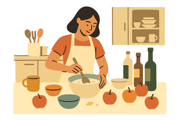 In a cozy domestic kitchen, a young and pretty woman is flattening dough while cooking alone at home on the weekend to make a surprise for her boyfriend or family on holiday, preparing a homemade