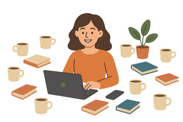 Vector illustration of a girl with long hair engaging in various stay-at-home activities, including caring for houseplants, reading books, doing housework, cooking, and watching movies, representing