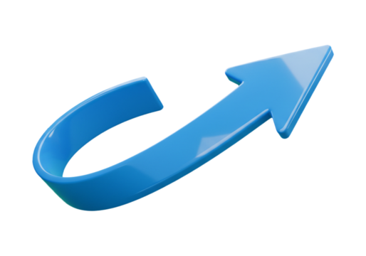A blue arrow curves upwards  isolated on transparent background