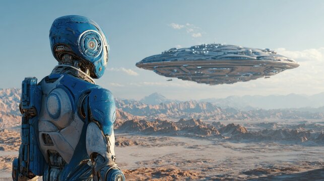 A blue robotic figure stands on rocky terrain, looking upwards at a large, hovering spacecraft against a clear blue sky. The landscape is rugged and arid, reflecting an alien environment.