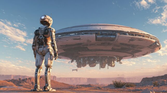 In a vast desert, a metallic robot stands observing a sleek, hovering spaceship against a colorful sunset sky, showcasing advanced technology and exploration themes.