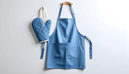 Blue apron and oven mitt on wall.