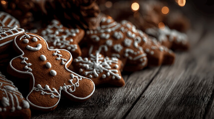 A close-up of delicious gingerbread cookies on a wooden table.