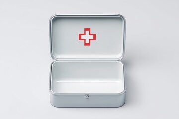Fototapeta premium Opened first aid kit with red cross symbol on a clean surface for emergency medical supplies