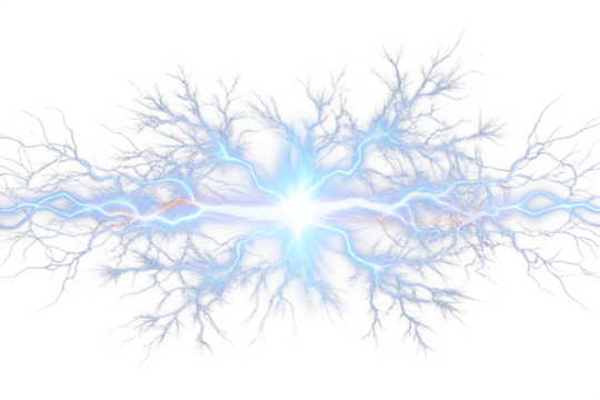 Intense blue electrical energy burst with branching lightning on background isolated on a transparent background