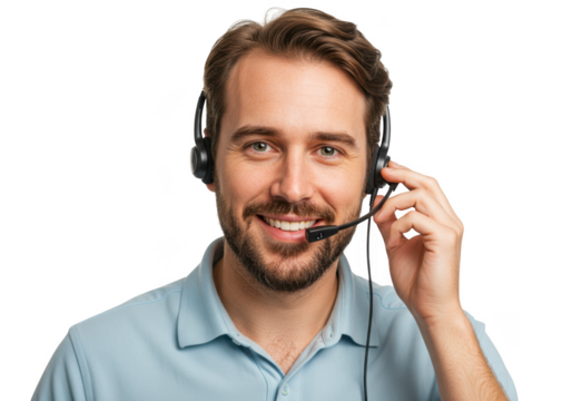 Smiling man wearing a headset with microphone ready to assist isolated on transparent background - Powered by Adobe