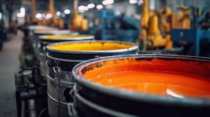 Closeup medium shot highlighting highcapacity mixing drums in a bulk paint factory with focused suspended pigments and blurred industrial equipment behind.