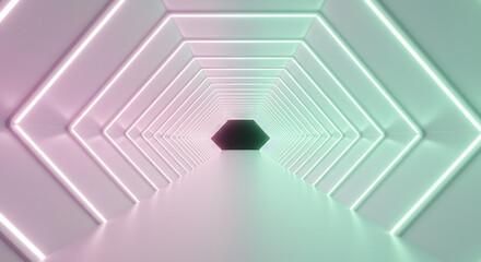 Hexagonal Tunnel with Vibrant Gradient Lighting and Smooth, Minimalist Design, Perfect for Modern, Futuristic, and Abstract Visualizations and Innovative Design