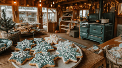 Naklejka premium A cozy Christmas kitchen filled with homemade snowflake cookies