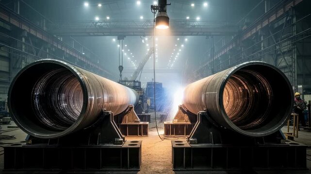 Industrial factory interior highlighting thickwalled tubular riser sections resting on heavy jigs during deepsea drilling equipment fabrication.