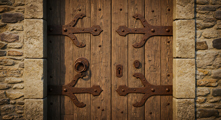 Old Wooden Door with Rusted Hinges and Stone Frame