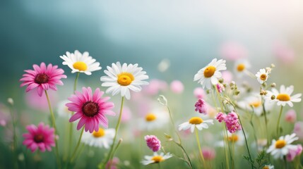 Obraz premium Vibrant Floral Scene with Colorful Daisies and Wildflowers in Soft Natural Light