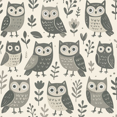Owl Print Pattern Monochromatic Owls Bird Night Nocturnal Cute Adorable Smart Creatures Print Design in Vector