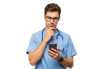 Doctor wearing blue scrubs and glasses thoughtfully looking at his smartphone isolated on transparent background