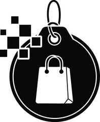 Cyber monday sale tags vector art of shopping bag on tag with digital pixel effect vector