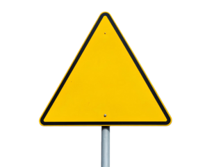 Yellow Warning Sign Board with Metal Pole, isolated on transparent background.