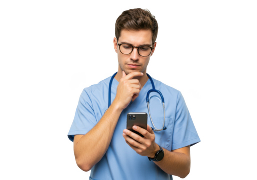 Doctor wearing blue scrubs and glasses thoughtfully looking at his smartphone isolated on transparent background