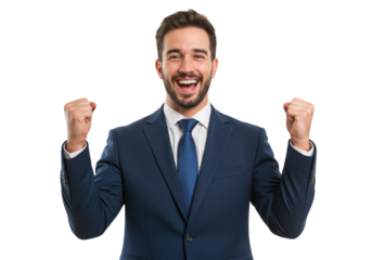 Excited businessman celebrating success with both fists raised in triumph isolated on transparent background
